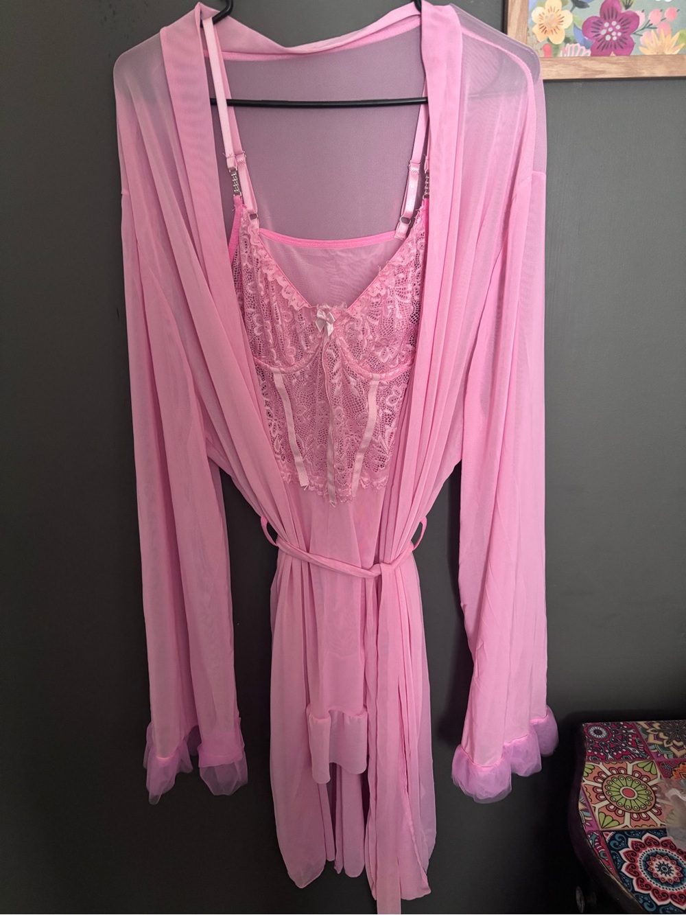 Sheer Pink Lace Robe & Chemise Set - Women's Intimates